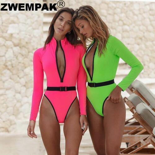 Summer Neon Long Sleeve One Piece Swimwear High Neck Bathing Suit Zip Monokini High Waisted Swimsuit with Belt 2020 Bikini