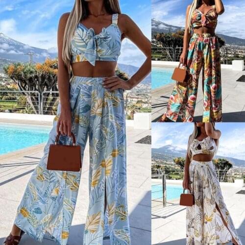Hot Sales Women Outfit Sleeveless Plant Print Summer Bow Crop Top Split Wide Leg Pants for Beach
