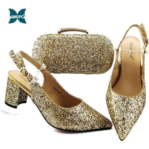 Fashion Shiny material Pointed Toe Lady Shoes And Bag Set Italian Style Woman Shoes And Matching Purse Set For Wedding Party