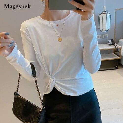 2021 Autumn New Women Irregular T-shirts Solid O-neck Bow Long-sleeved T-shirt Slim Cotton Tops for Women Clothing Blusas 16082