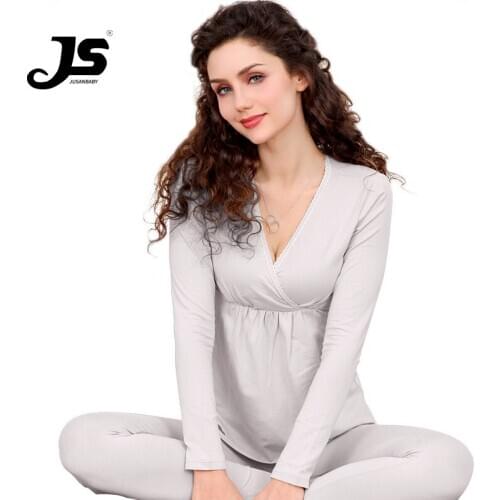 Jusanbaby pregnant women comfortable open button breast-feeding maternity clothes autumn clothes autumn Pants Set pregnant women