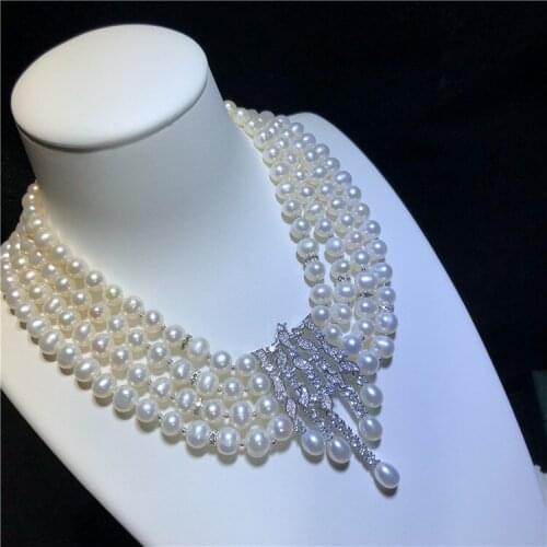 Hand knotted 4strands 7-8mm white freshwater pearl micro inlay zircon accessories necklace fashion jewelry