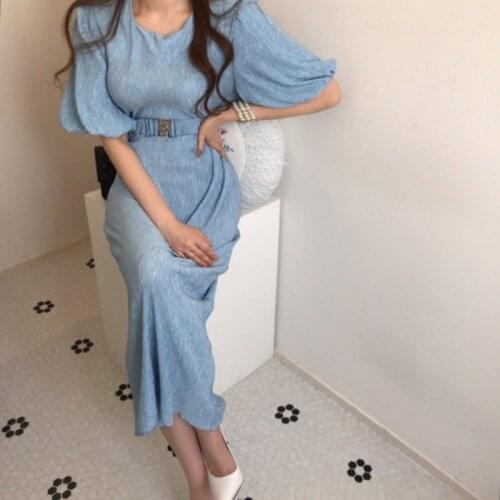 Dresses Women Summer Elegant Sexy O Neck Wrap Hip Lantern Sleeve Dress with Belt Retro Vestido De Mujer Short Sleeve Casual