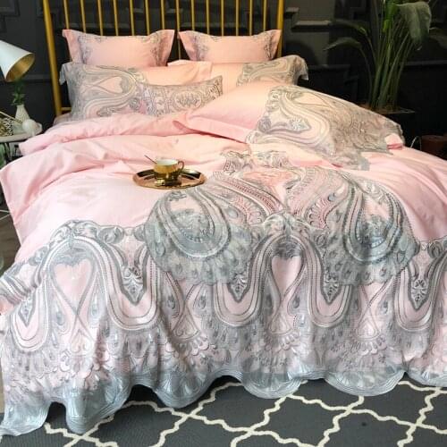 Luxury 120S Egyptian cotton Embroidered Bedding sets Queen King Europe Noble Lace Edge Duvet cover Bed sheet set Pillowcase pink