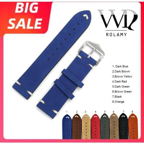 Rolamy Luxury Watch Band 20 22 24mm Leather For Rolex Omega Submariner Daytona Panerai Cowhide Suede Black Vintage Watch Belt