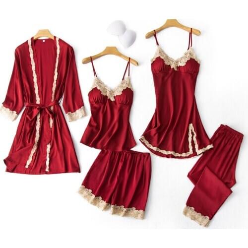 Sexy Womens 5PCS Pajamas Set V-Neck Nighties Wear Home Negligee Nightwear Lingerie Pijama Spring Nighty Robe Gown Suit Sleepwear