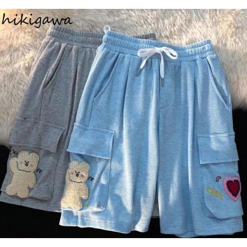Hikigawa Japan Cute Clothes Shorts Harajuku Loose Womens Short Pant Bear Cartoon Embroidery Pantalon Mujer Fashion Kawaii Pants