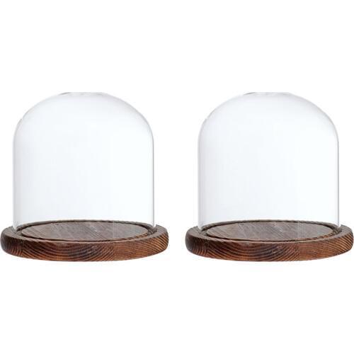 2Pcs 12x12cm Glass Cover Dome Container with Base for Flower Rope Lights Party Cupcake Display Decor Brown