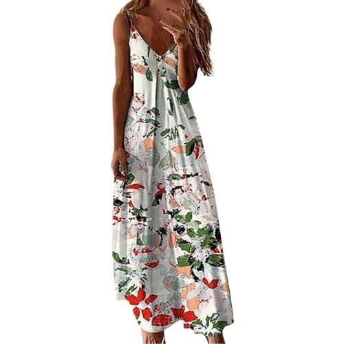 Boho Floral Maxi Dress Plus Size S-5XL Party Strappy Long Dress Summer Beach Holiday Spaghetti Strap Sundress XXXXXL A20