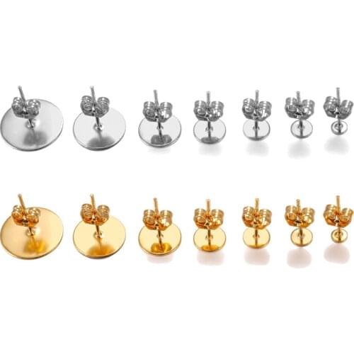20-100pcs/lot Gold Stainless Steel Blank Post Earring Studs Base Pins with Earring Plug Findings Ear Back for DIY Jewelry Making