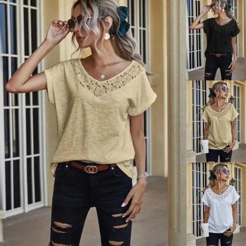 Summer Top Ladies Casual Solid Color Lace Stitching T-shirt 2021 New Loose V-neck Fashion Pullover Cotton Female T-shirt
