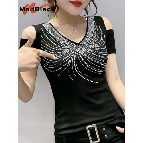 Summer European Clothes Cotton T-Shirt Chic Off Shoulder Shiny Diamonds Women Tops Sexy Back Short Sleeve Tees New 2021 T15217A