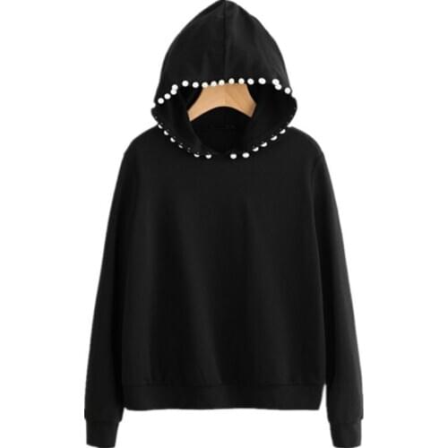 Autumn Winter Woman Hoodies Long Sleeve Beading Sweatshirt Woman Jumper Black Fleece Woman Pullover