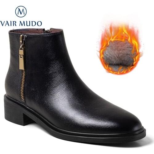 VAIR MUDO Women Ankle Boots Shoes Genuine Leather Autumn Winter Short Plush Warm Wool Black Brown Elegant Round Toe ShoesDX171-C