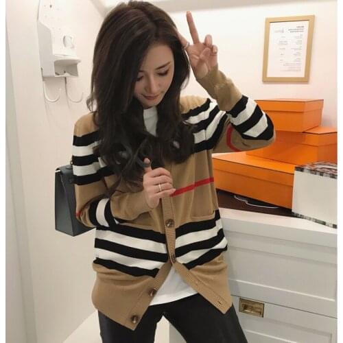 Womens Sweater Female Jacket Cashmere Cardigan Mid-length Knitted Jacket V-neck Loose Striped Sweater Thin Ladies Trench Coat