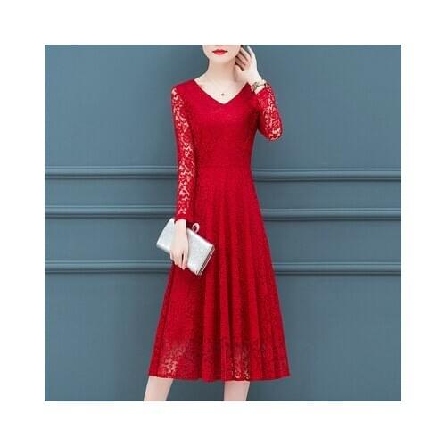 2021 Autumn Spring Women Flower Hollow Sexy Long Dresses Black Red Lace Plus Size 4xl 5xl Floral Office Lady V-neck Dress