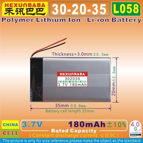 5pcs [L058] 3.7V 180mAh [302035] Polymer lithium ion / Li-ion battery for smart watch,BLUE TOOTH,GPS,toy,speaker,mp3,mp4