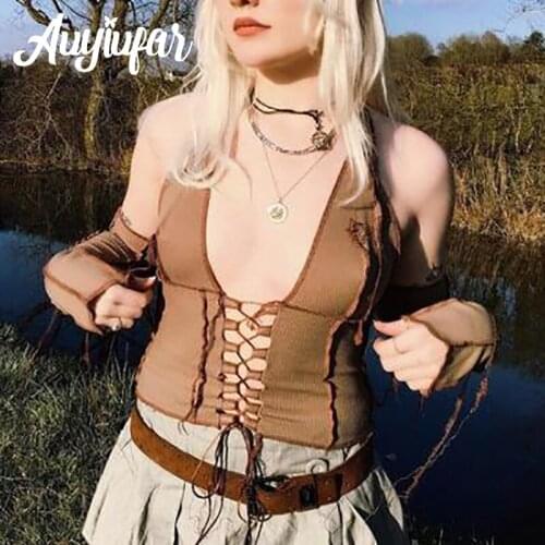 Auyiufar Fairy Grunge Solid Bandge Halter Sling Top With Sleeves Elfcore Frayed Backless Sexy Bustier Tee Retro Women Cloth 2021