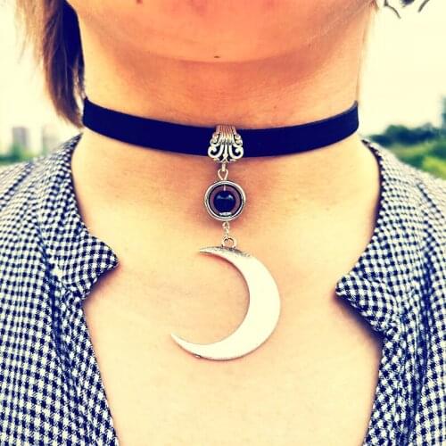 Velvet Rope Star Moon Short Choker Chain For Women Black Crystal Wizard Vintage Silver Color Gothic Necklace Punk Jewelry VGN072