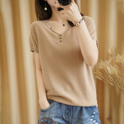 BELIARSTSummer New100% Cotton Short-Sleeved Womens V-neck Collar Pullover New Design Sense Female Belt Pocket Top Retro T-Shirt