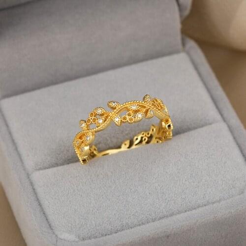 Korean Crystal Leaf Rings For Women Wedding Jewelry Gold Zirconia Finger Flower Ring Friendship Gifts BFF Femme Bijoux 2021