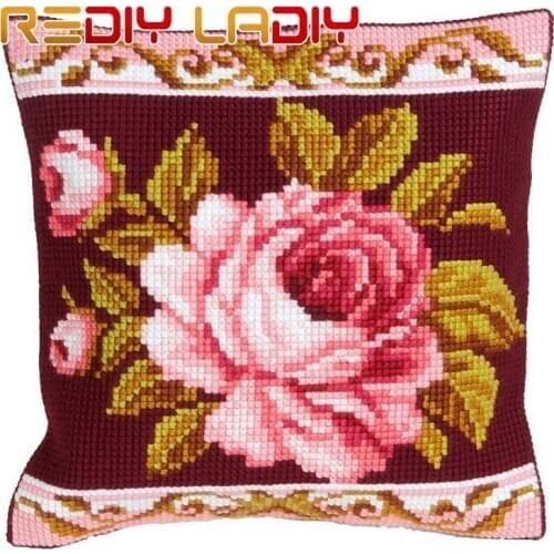 Cross Stitch Cushion Cover Lotus Rose DIY Chunky Cross-Stitch Kit Acrylic Yarn Pillow Case Home Decor Sofa Pillows Arts & Crafts