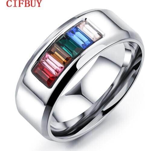 CIFBUY Fashion Rainbow Wedding/Engagement Rings For Men Women Wholesale Gay Pride Ring With Cubic Zirconia Stainless Steel GJ481