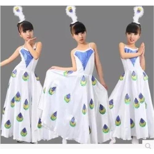 New Sequined Childrens dance clothes Peacock Dance Big Expansion Skirt Modern Dance Classical Dance Performance Wear Clothes