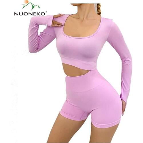 NUONEKO Womens Yoga Two-Piece Long Sleeve Shorts Workout Clothes Sports Bra Seamless Leggings Fitness Woman Tracksuits NT031