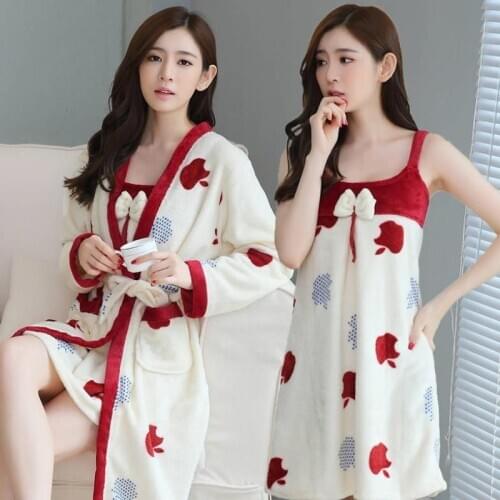 Autumn Winter Coral Velvet Nightdress Long Sleeve Robe Thickened Lovely Flannel Womens Nightgown 2Pcs Sets Bathrobe Home Wear