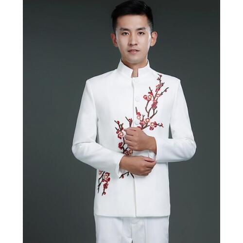 Singer stage white embroidery clothing for men suit set with pants chinese tunic suit mens wedding suits groom formal dress