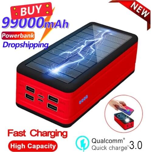 99000mAh Solar Power Bank Portable Wireless Charger Camping Light Fast Charging External Battery for Samsung Xiaomi Iphone