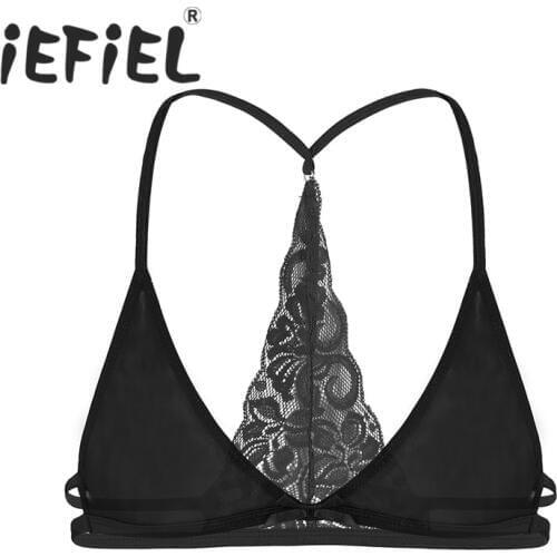 Sexy Male Mens Sissy Lingerie Mesh See Through Sheer Floral Lace Y-shape Back Wire-free Unlined Triangle Bralette Bra Top
