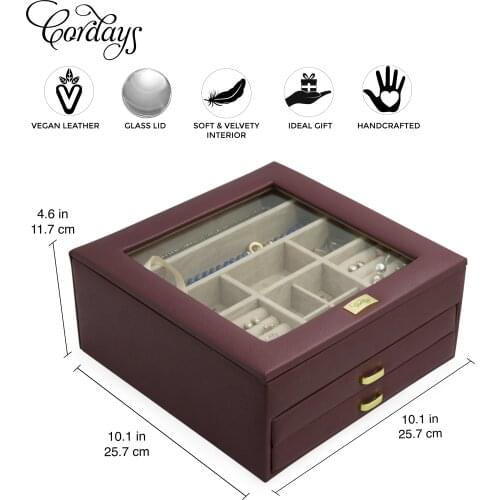 Cordays - Handcrafted Jewellery Box Premium Quality with 2 Drawers Top Glass Lid