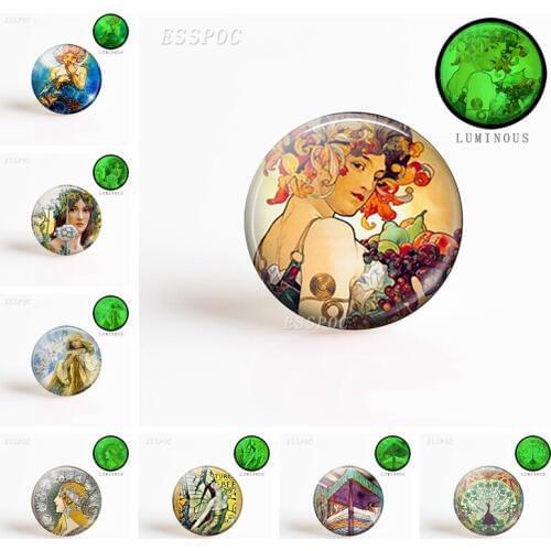 5pcs/set 25mm Glass Cabochon Fashion Art Nouveau Fairy Alphonse Mucha Art Luminous Glass Dome Jewelry Accessories
