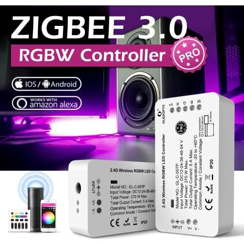 GLEDOPTO Zigbee 3.0 Smart Light Pro RGBW LED Strip Controller Compatible with Hue Bridge Mobile Phone App Remote Voice Control