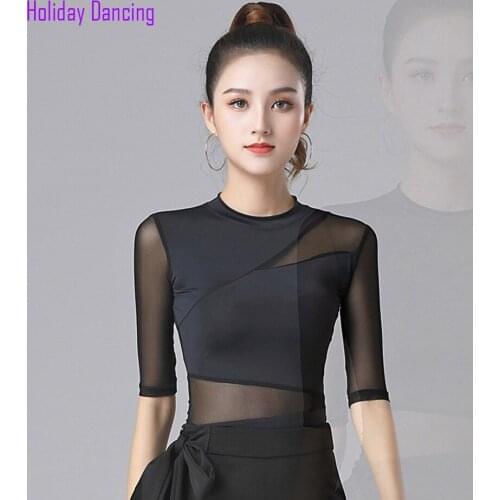 2021 New SS083 Half Sleeve Women Latin Dance T Shirt Patchwork Latin Dancing Tops for Samba Tango Chacha Belly Performamnce