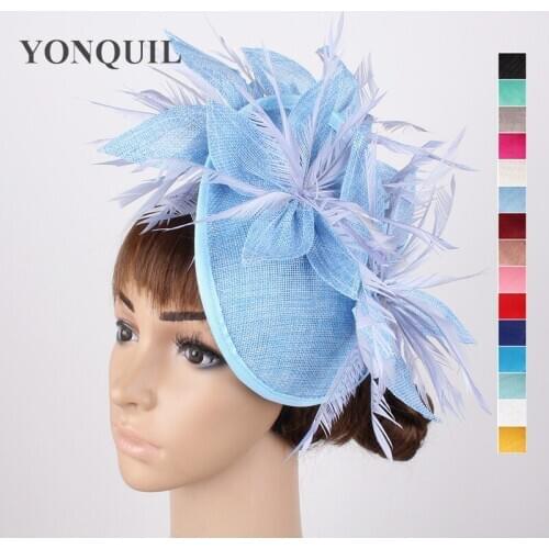 Women Party Light Blue Imitation Sinamay Fascinators Hats Derby Wedding Church Race Feather Pillobx Hats Fashion Flower Headwear