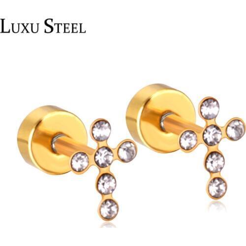 LUXUSTEEL Girl Earring Gold Color Cross Crystal Stud Earrings For Women Stainless Steel Wholesale Party Gift