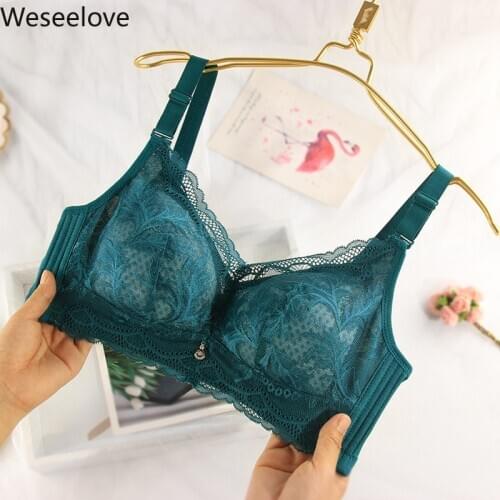 Weseelove Womens Lingerie Large Cup Dark Green Sexy Bra Ultra-Thin Plus Size Women Push Up Soutien Gorge Lace Underwear X32-2