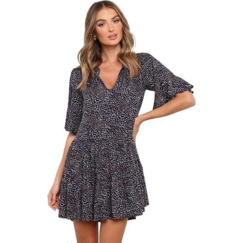 Summer Print V-neck Lace Up Casual Loose Mini Dress Women Half Sleeve Ruffles Patchwork Elegant Beach Party Vestidos Femme Black