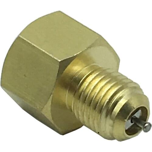 1/4" female X 1/4" male SAE flare with schrader is great design for quick access or gas charging on Rotalock shutoff valve in AC