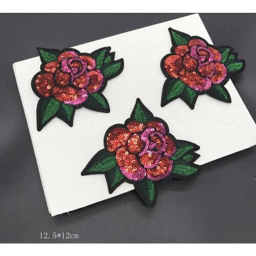 3pcs/lot Red Rose 3D Sew On Sequins Flowers Patch Clothes DIY Iron On Patches for Clothing T-shirt Dress