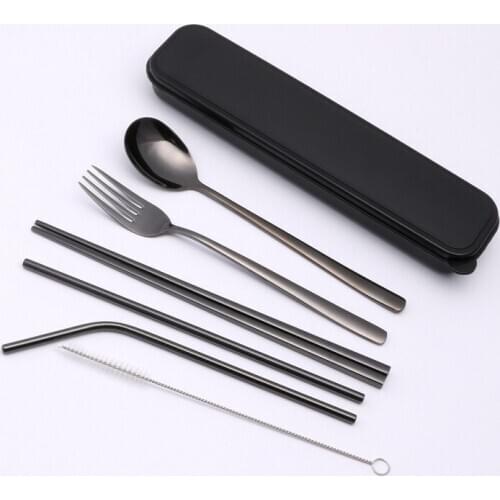 6 Pcs/set Travel Dinnerware Se Stainless Steel Cutlery Student School Dinner Set with A Black Box Travel Cutlery