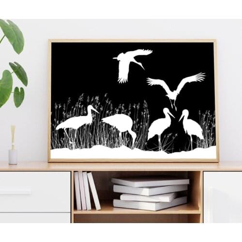 Black White Storks Print Japanese Traditional Woodcut Storks Poster Animal Silhouette Artwork Wall Art Canvas Painting Decor