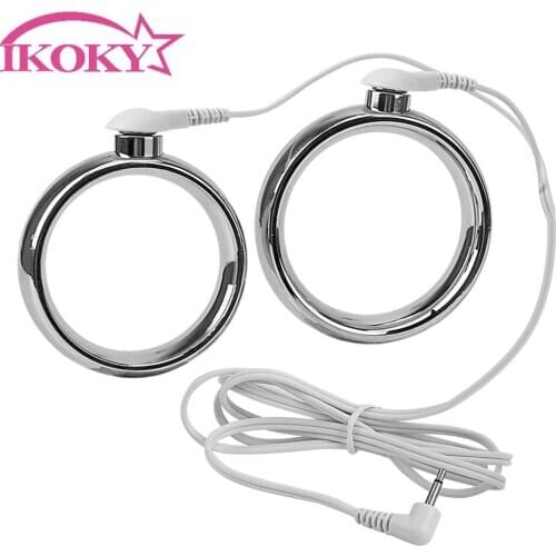 IKOKY Stainless Steel Sex Products Sex Toys for Men Adult Games Electric Shock Delay Ejaculation Penis Rings Cock Rings