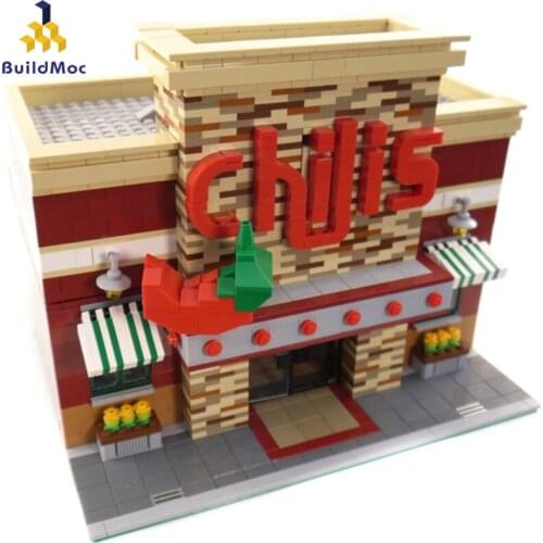 Moc Town Architecture Chilis Restaurant Store Bricks Street View Restaurant House Set Model Building Blocks Friend Toys new