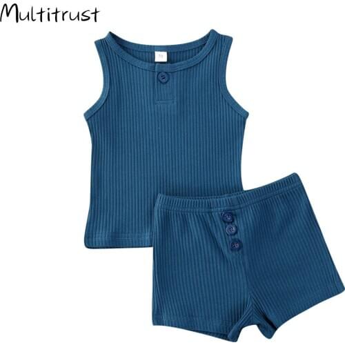 2020 Summer Newborn Baby Boys Set Solid Sleeveless Tops + Short Drawstrings Pants Button Decor Striped Outfits 0-12M