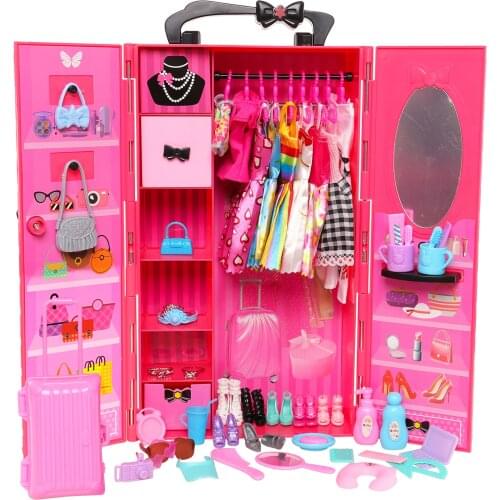 Fashion 69 Items/set Dollhouse Furniture Kid Toys = Wardrobe + 68 Dolls accessories Dress Clothes Shoes Handbag For Barbie Game