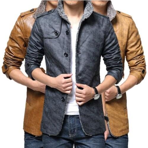 Mens Leather Jacket Warm Faux Leather Slim Fit Jacket Men Solid Long SleeveCoat Stand Collar PU Leather Outwear